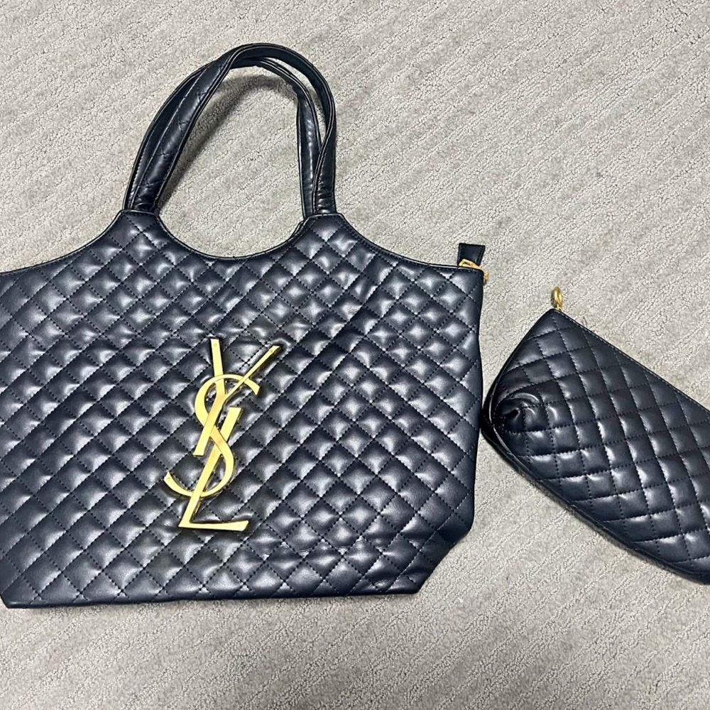 Black Quilted Tote and Pouch Set